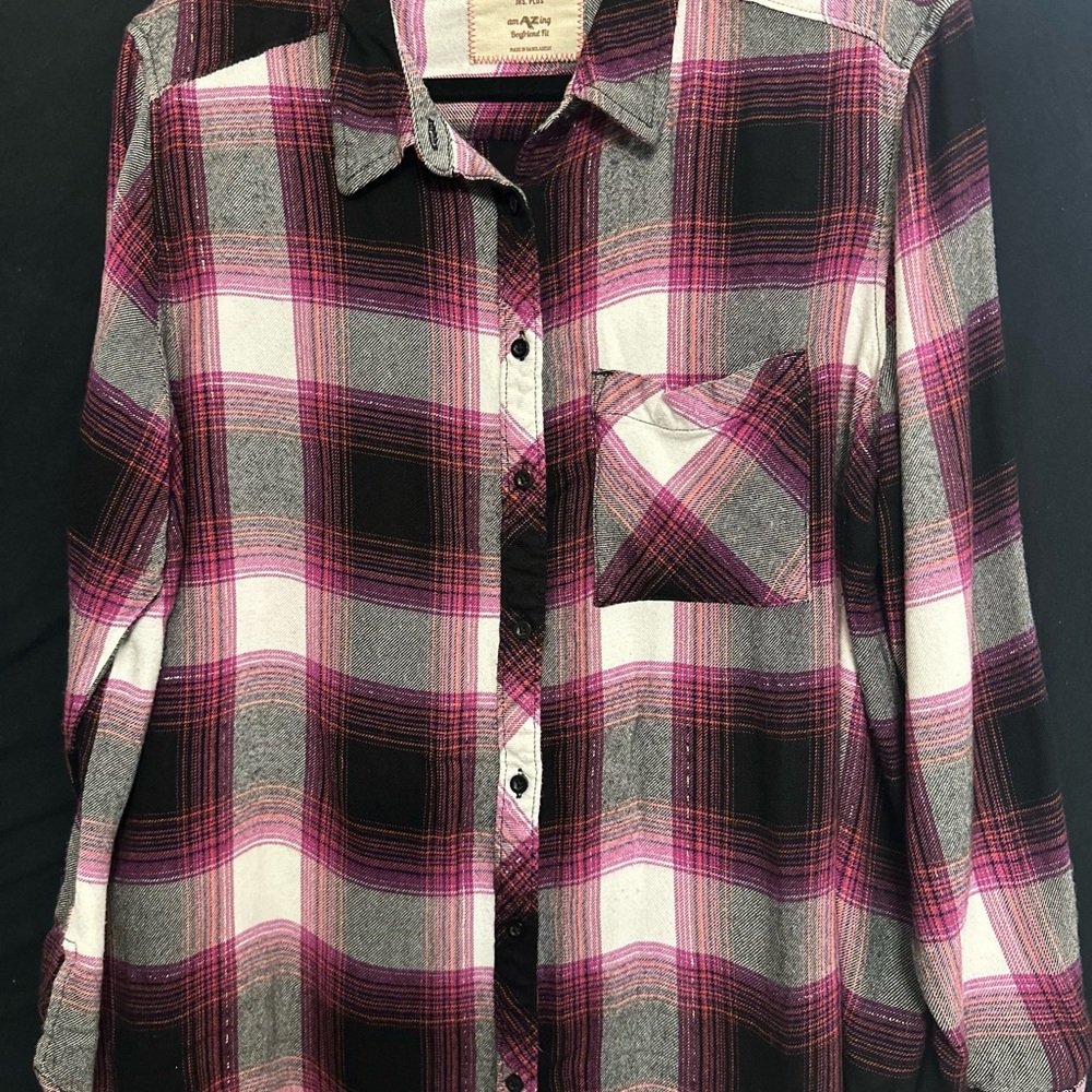 Arizona Jean Company Pink and Black Plaid Button Down Shirt